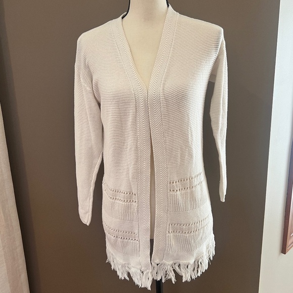 Girl's Fringe Hem Open Front Cream Sweater, Size Large 10/12 - Picture 1 of 9